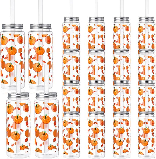 LemonRoad 24 Pcs Plastic Cups with Lid and Straw 14 oz Reusable Themed Party Decorations Tumbler Beer Can Iced Coffee Cup for Preppy Party Decoration(Pumpkin)