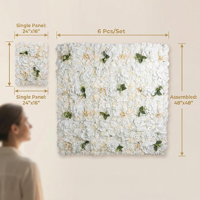 3D Flower Wall Backdrop - 6Pcs 16×24 Inch Artificial Rose Panels White Silk Floral Decor for Home Party Wedding Anniversary Birthday Photographic Studio Background & Decorative Fences