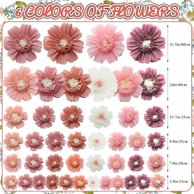 Giegxin 44 Pcs Multiple Sizes Boho Giant Paper Flowers for Wall Decorations Pink White Big Tissue Flowers Boho Party Decorations Floral for Wedding Baby Shower Classroom Nursery Bachelorette Backdrop