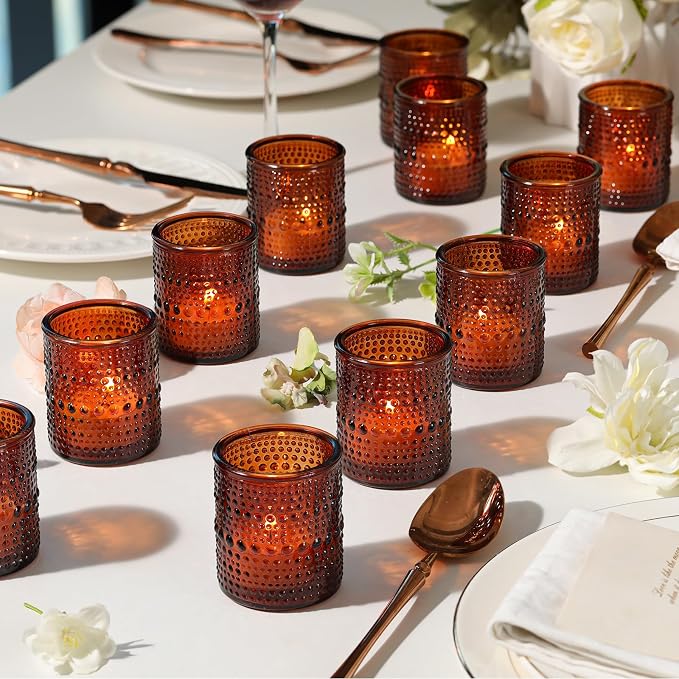 30 Pcs Amber Votive Candle Holders, Amber Glass Candle Holder with Polka Dot Embossed, Vintage Votive Candle Holders for Boho Weddings, Home Decor, Baby Shower, Special Occasions