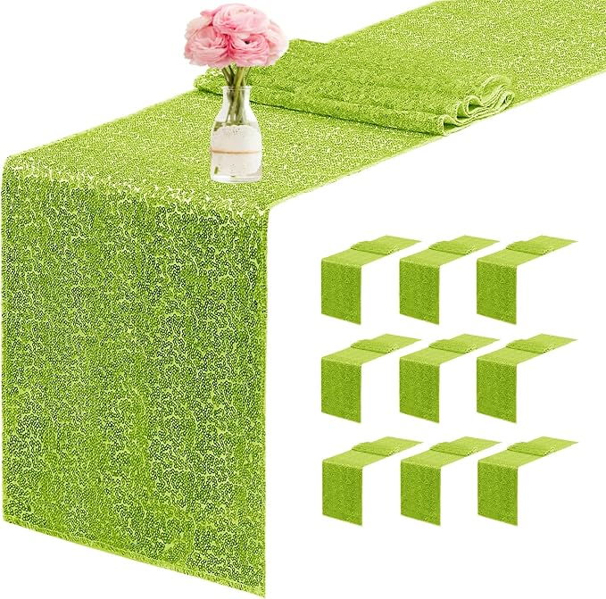 10 Packs 12 x 72 inches Sequin Table Runner, Apple Green Glitter Table Runner for Birthday Party Supplies Wedding Engagement Baby Shower Holiday Celebration Event Decorations
