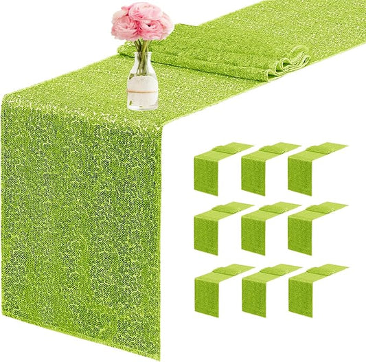 10 Packs 12 x 72 inches Sequin Table Runner, Apple Green Glitter Table Runner for Birthday Party Supplies Wedding Engagement Baby Shower Holiday Celebration Event Decorations