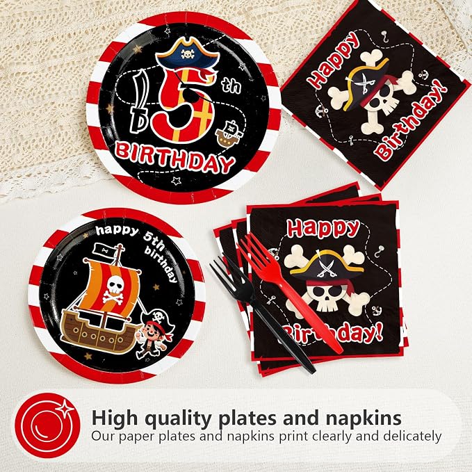 96Pcs Pirate 5th Birthday Party Decoration Pirate Fifth Birthday Plates and Napkins Red Black Ship Skull Disposable Paper Tableware Set for Kids Boys 5 Year Old Party Supplies Serves 24
