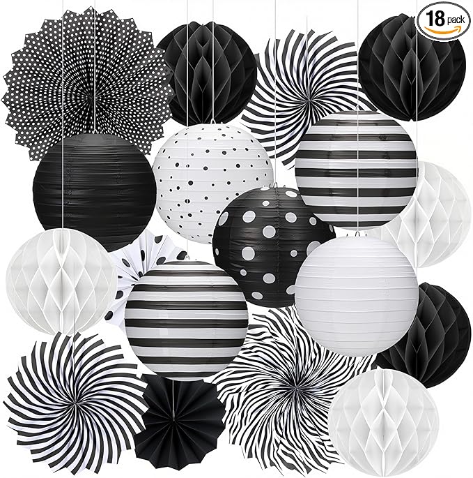 Retisee 18 Pcs Black and White Party Classroom Decoration Hanging Black White Paper Lanterns Paper Fans Honeycomb Balls Polka Dots Stripe Lanterns Decorative for School Classroom Decoration Supplies