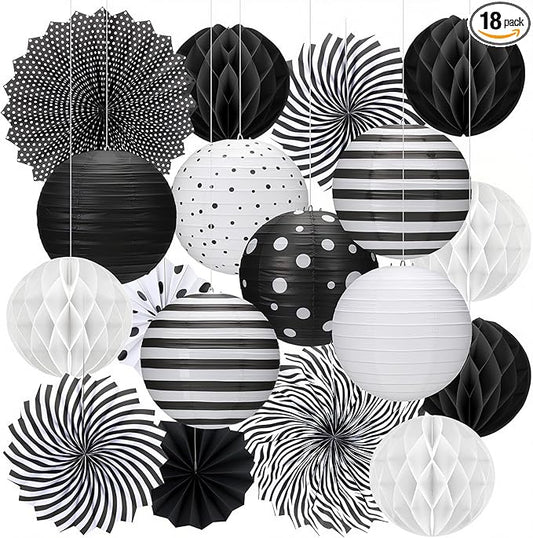 Retisee 18 Pcs Black and White Party Classroom Decoration Hanging Black White Paper Lanterns Paper Fans Honeycomb Balls Polka Dots Stripe Lanterns Decorative for School Classroom Decoration Supplies