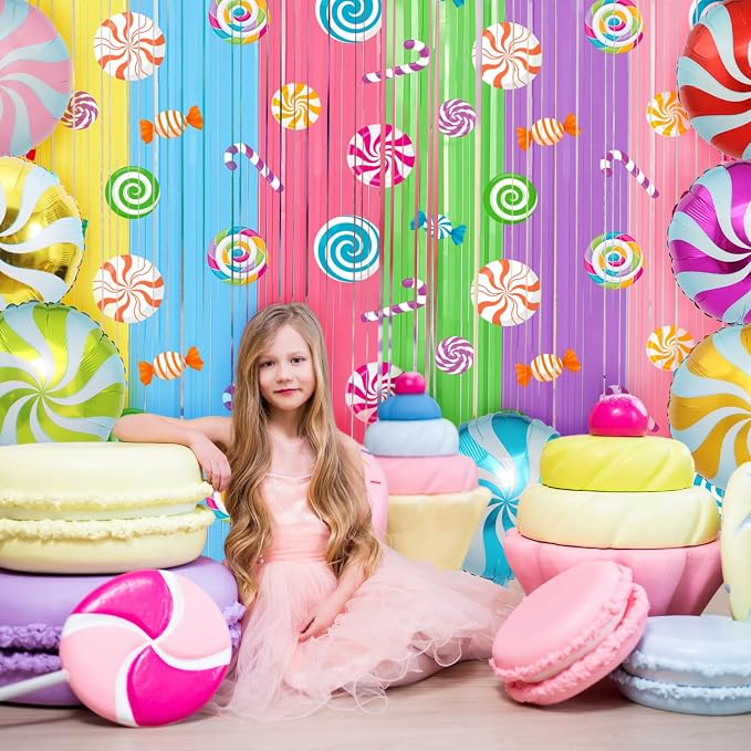 Blosssound 4 Packs Candyland Party Decorations 3.3 x 6.6 ft Candy Foil Fringe Curtain Dark Sweet Candy Tinsel Streamers for Lollipop Candyland Birthday Baby Shower Sweet Shop Party Decoration