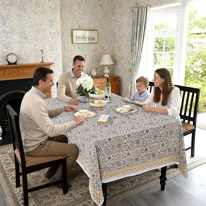 Ridhi Goldenrod Yellow Hand Block Print Cotton Rectangle Tablecloth 118" x 70" inches Reusable Table Cover Decorative Everyday Use for Dining Room, Farmhouse, Home Gift for Spring, Mother's Day