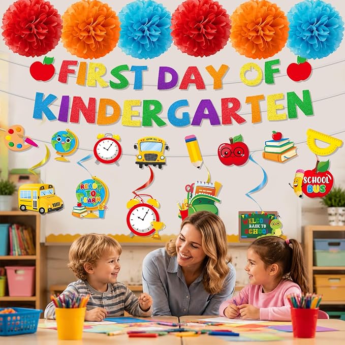 First Day of Kindergarten Decorations - 15PCS First Day of Kindergarten Party Banners Hanging Swirls Paper Pompoms Decor, Back to School Classroom Decor Supplies