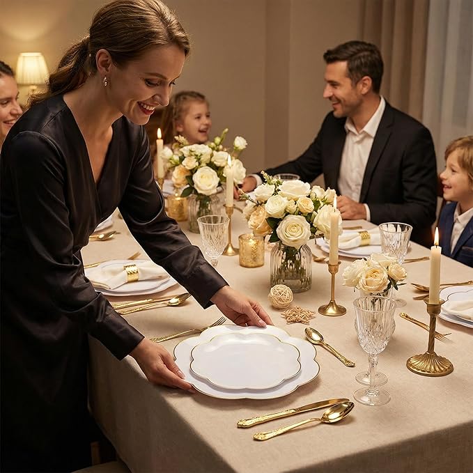 supernal 60pcs White Scalloped Plastic Plates with Gold Trim,Heavy Duty Elegant Disposable Plates Includes: 30 Gold Dinner Plate and Dessert Plate Perfect for Wedding, Bridal Shower Mother's Day