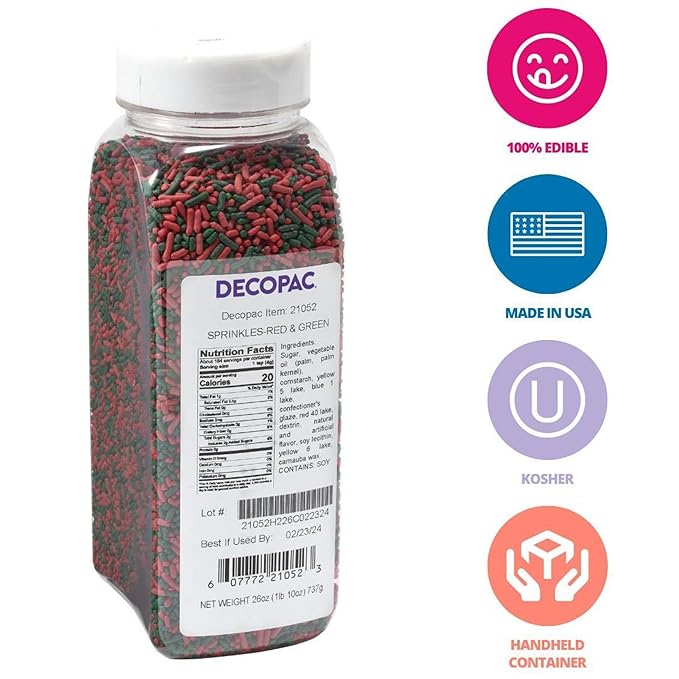 DECOPAC Candy Sprinkles, 26oz, Red & Green Sprinkle Mix, Fancy Sprinkles in Handheld Container, Edible Sprinkles For Holiday Celebration Cakes, Cupcakes, Cookies - Red & Green