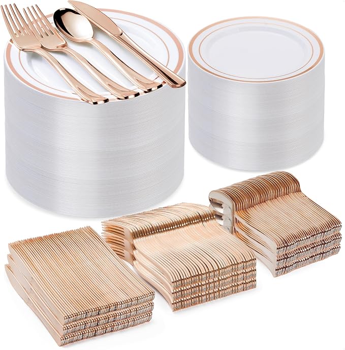 BESTVIP 600PCS Rose Gold Plastic Plate Set (100 Guests), Plastic Plates for Party Wedding Birthday, Disposable Dinnerware Set of 200 Plates, 200 Forks, 100 Spoons, 100 Knives for Christmas