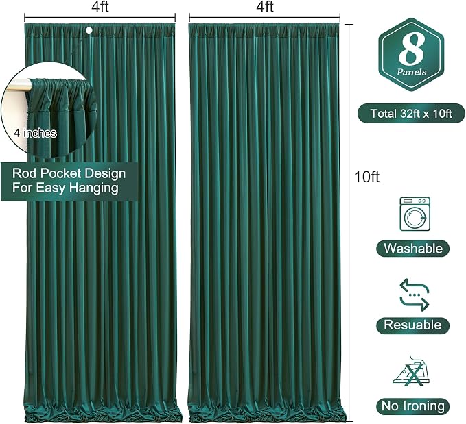 Hunter Green Backdrop Curtain-Wrinkle-Free Polyester Fabric Green Photography Curtains for Wedding Party Photo Background Decorations- 32 X10FT (Hunter Green)