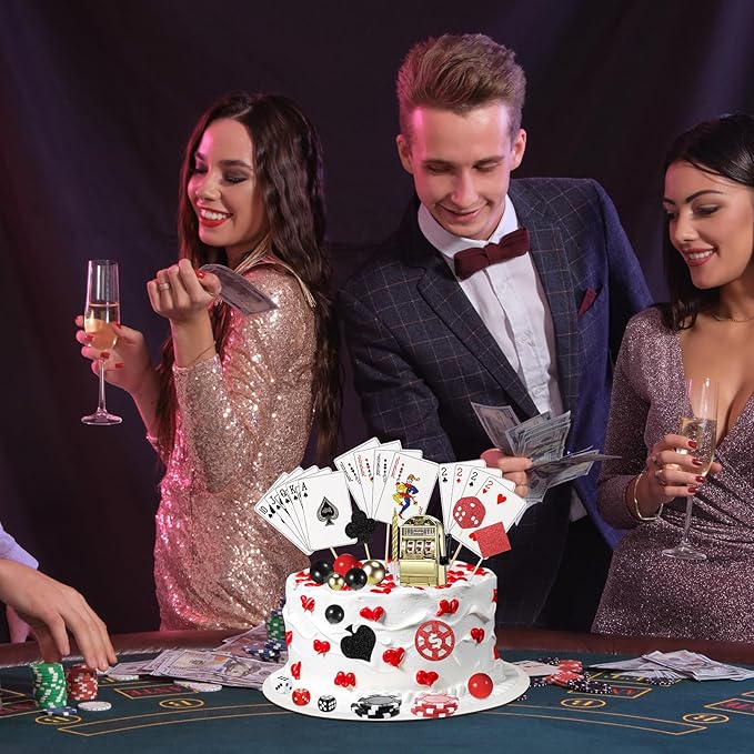 Beeveer 42 Pcs Casino Cake Topper Decorations with Candles Poker Game Chips Player Happy Birthday Cake Pick Set for Las Vegas Scene Birthday Party Decoration