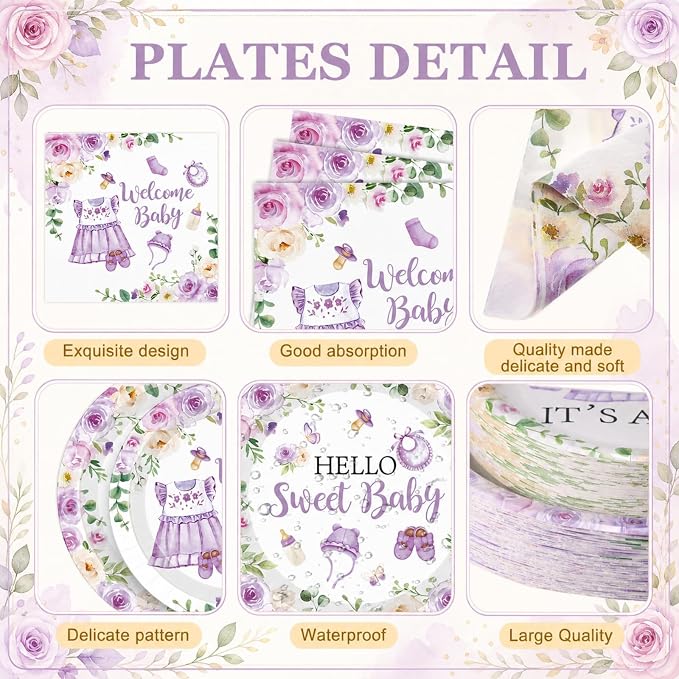 Pickmesh 250 Pcs Purple Floral Baby Girl Shower Disposable Tableware Set Hello Sweet Baby Paper Plates Napkins Cups Cutlery for Gender Reveal Birthday Party Supplies Babies Shower, Serve 50 Guest