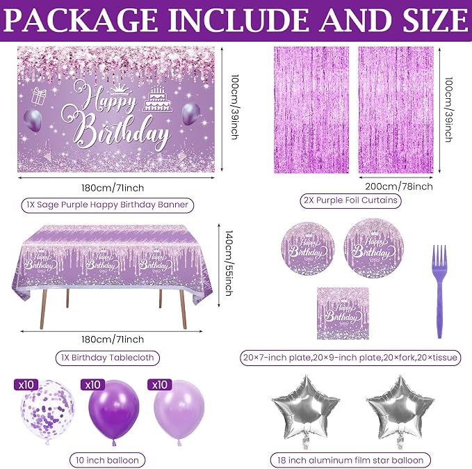 116 Pcs Purple Silver Birthday Decorations for Women Girls, Happy Birthday Banner Foil Balloons Plates Cups Napkins Tablecloth Purple Party Set Fringe Curtains Disposable Tableware Serve 20 Supplies