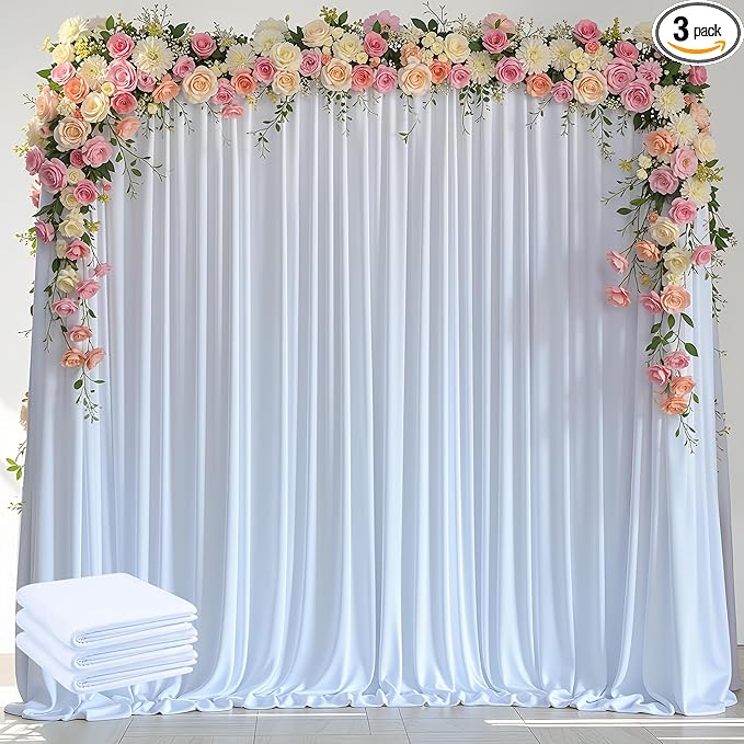 Wokceer White Backdrop Curtain for Wedding Parties 3 Pack 10x8FT Wedding Curtains Photo Backdrop Drapes Polyester for Photoshoot Baby Shower Birthday Party Curtains Background 6 Panels 5x8FT