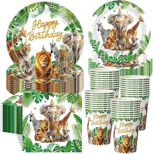 Ziliny 250 Pcs Safari Birthday Decorations for 50 Guest, Jungle Animals Paper Plates Zoo Napkins and Cups for Safari Happy Birthday Party Decoration Wild Animals Lion Tiger Theme Tableware