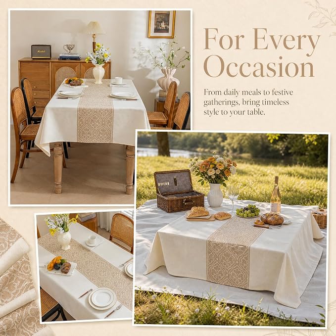 Boho Faux Linen Tablecloth, Rectangle Vintage Geometric Cover | Spillproof & Wrinkle Free Minimalist Center Table Cloth for Farmhouse Kitchen Dining Room Decor