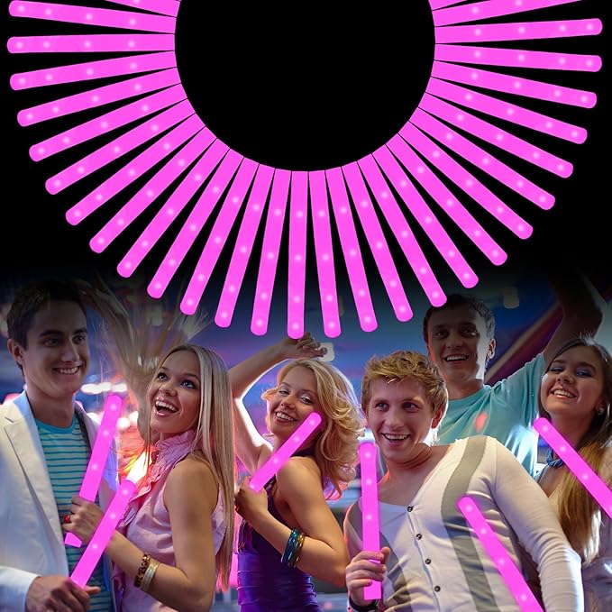 Foam Glow Sticks Bulk, 40 Pack Pink Light Up Foam Sticks 3 Modes Flashing, Glow Party Supplies for Valentine's Day, Mardi Gras, Wedding,Raves, Carnival, Concert, Bar