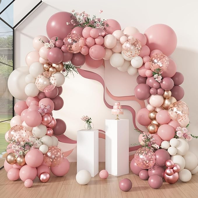 Amandir 173Pcs Dusty Rose Pink Nude Balloon Garland Arch Kit, 18In Retro Blush Peach Mauve White Sand Gold Confetti Balloons for Monther Day Shower Wedding Boho Birthday Party Decorations