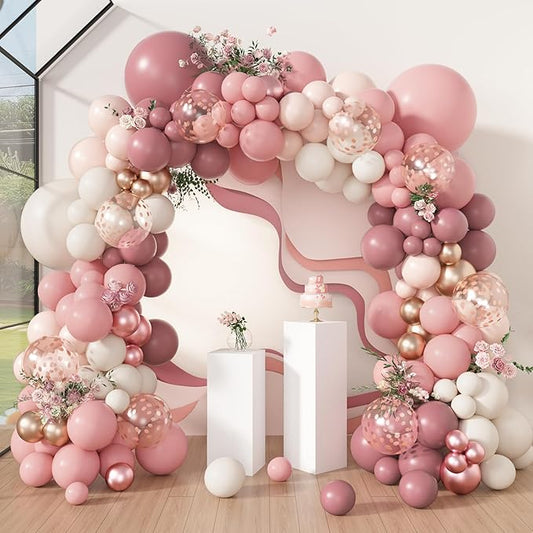 Amandir 173Pcs Dusty Rose Pink Nude Balloon Garland Arch Kit, 18In Retro Blush Peach Mauve White Sand Gold Confetti Balloons for Monther Day Shower Wedding Boho Birthday Party Decorations