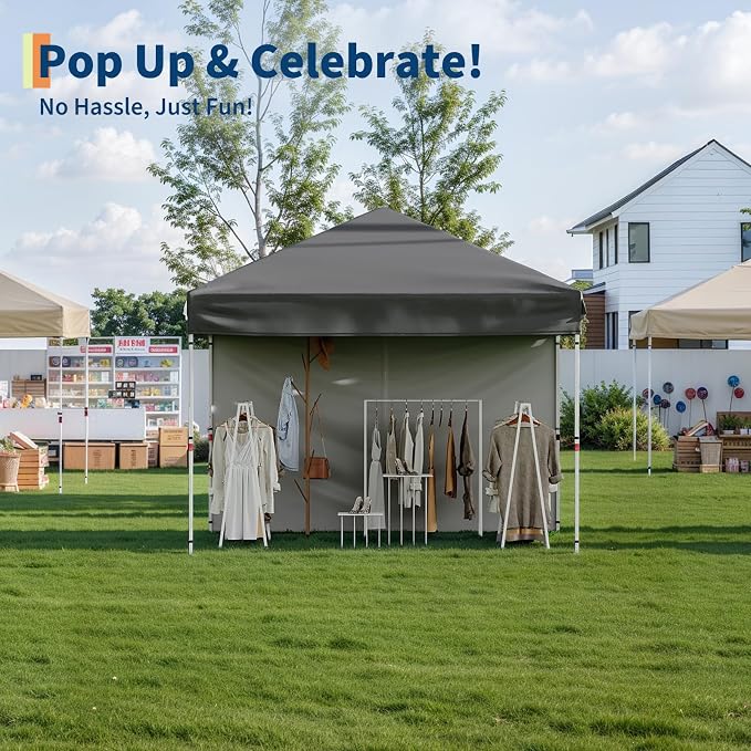 GarveeLife 10x10 Pop Up Canopy with One Button Push Setup - Heavy Duty Outdoor Canopy Tent with Portable Roller Bag - 3 Adjustable Height, 4 Weight Bags, 8 Stakes & 4 Guy Ropes Included, Grey
