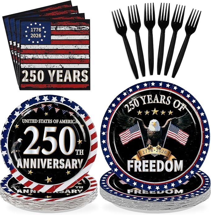 96 Pcs 250 Anniversary USA Party Decorations Patriotic Red and Blue America Flag Plates and Napkins Disposable 4th of July Tableware for USA 250th Patriotic Independence Day Party Supplies Serves 24