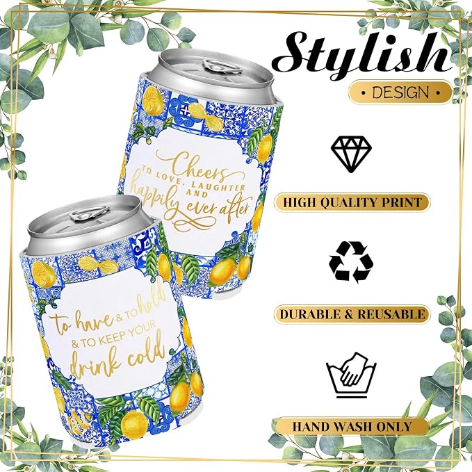 Qinyoung 50 Pieces Capri Lemon Wedding Can Cooler Bulk Amalfi Coast Decor Engagement Party Favors for Guests Cheers to Love Laughter and Happily Ever After Rehearsal Dinner Decorations for Wedding