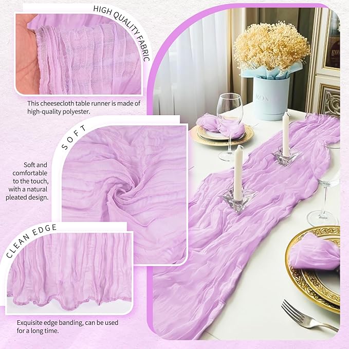 18 Pack Cheesecloth Table Runner 10FT Lilac Purple Table Runner Lavender Boho Gauze Cheese Cloth Table Runners Long Rustic Sheer Table Decorations for Wedding Party Baby Bridal Shower Birthday Holiday