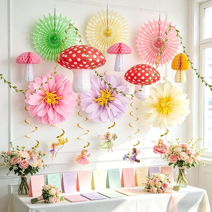 17PCS Fairy Birthday Party Decorations Set Fairy Themed Red Green Purple Pink Paper Mushroom Lantern Decor for Girls Birthday Decor Spring Tea Party Baby Shower