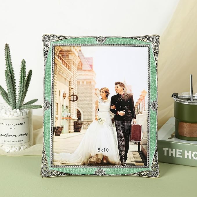 8x10 Vintage Picture Frame with Green Metal Brass Pearl for Wedding Decoration Photo Frame, Clear Glass Front Cover Ornate Antique Art Tabletop Display Unique Gifts, Horizontally & Vertically
