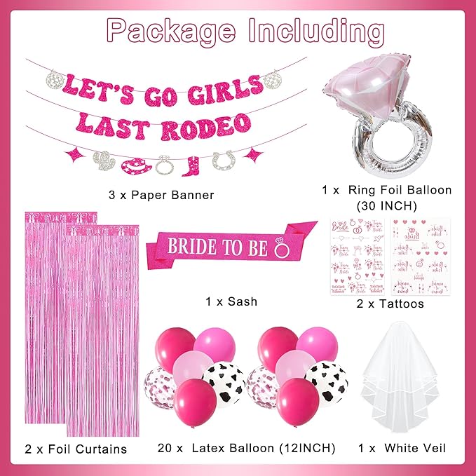 Roetyce Last Rodeo Bachelorette Party Decorations, Pink Bride To Be Sash Veil Fringe Curtain, Let's Go Girls Banner Balloons Temporary Tattoos Kit, Cowgirl Western Bridal Shower Wedding Decorations