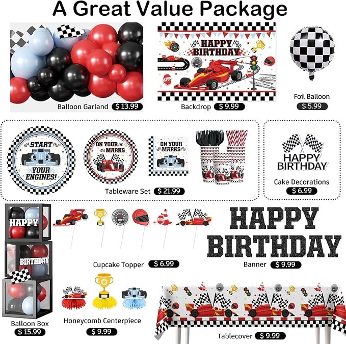 Race Car Birthday Party Decorations for Boys, 293PCS All-in-One Car Themed Birthday Party Decorations Set for 25 Guests, with Balloon Arch, Banner, Plates, Tablecloths and Cupcake Toppers