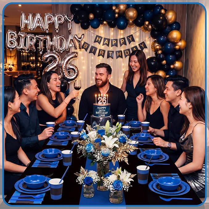 Funnymoom 452 Pcs Royal Blue and Black Party Supplies for 50 Guest, Blue and Black Paper Plates Cups Napkins Tablecloth Cutlery Straw Tableware Set for Graduation Birthday Wedding Party Decoration