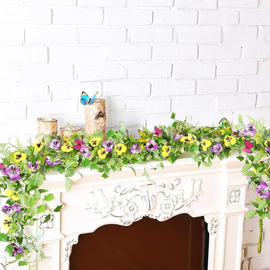 XunYee 2 Pcs 6 ft Artificial Flower Garland for Mantle - Pansy Flower Butterfly Eucalyptus Ivy Leaves Wreath Garland for Farmhouse Home Stairs Fireplace Bring Spring to Home Winter Decor