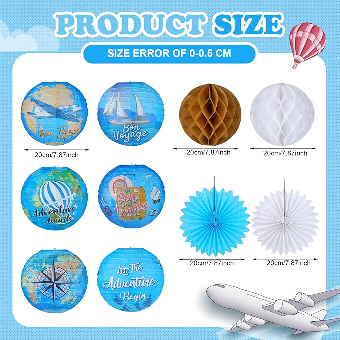 Baquler 18 Pcs Travel Party Party Decoration Around The World Bon Voyage Hanging Paper Lantern Let The Adventure Begin Fans Honeycomb Ball for Birthday Baby Shower Ceiling Decor Supplies