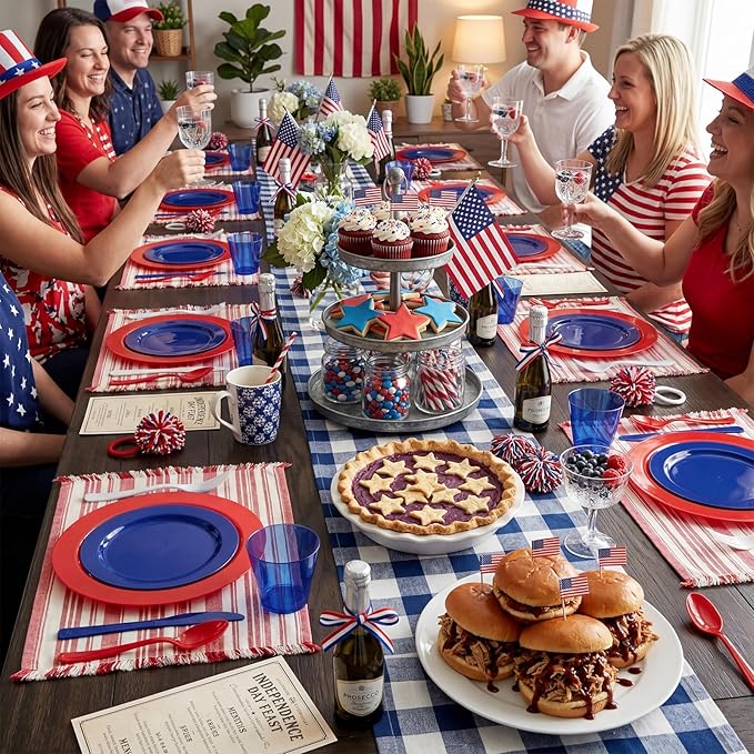 KIRE 150PCS 4th of July Plates & Red White Blue Disposable Plastic Silverware &Clear Blue Cups-American Flag Patriotic Party Supplies for Celebration Activities,Independence Day, Memorial Day