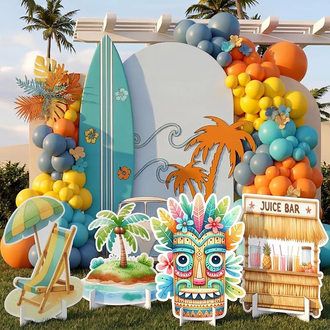 Honoson Large 32" Tiki Aloha Luau Party Decoration Cardboard Cutouts, Tiki Bar Totem Backdrop Standup Yard Signs for Hawaiian Party Supplies Tropical Summer Beach Pool Photo Booth Props