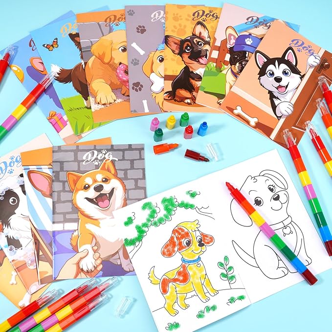 BenLouis 24 Dog Mini Coloring Books Kids with 24 Stacking Crayons Cute Puppy Party Favors Activity Books Bulk for Kids Pet Paw Goodie Bag Gift Stuffer Classroom Reward