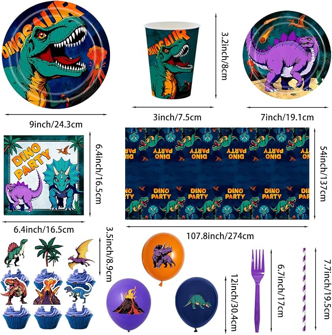 185PCS Dinosaur Birthday Party Decorations, Dinosaur Party Supplies Plates and Napkins Set, Dino Tableware, Banner, Hanging Swirls, Tablecloth, Cake Cupcake Topper, Ballons Cutlery Sets