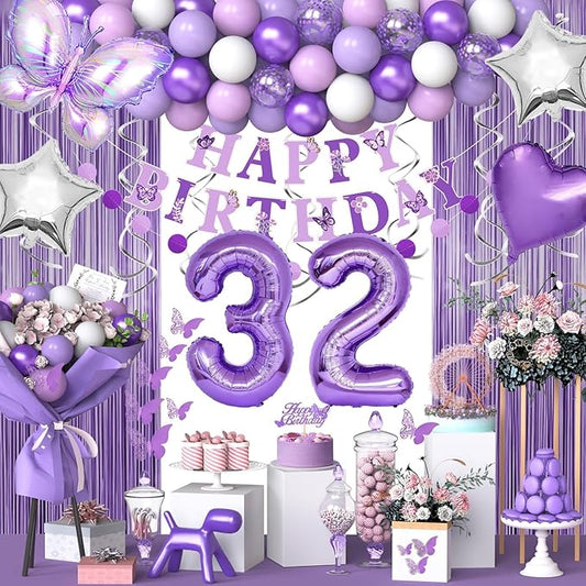 32nd Purple Birthday Decorations for Women, Purple Pink 32nd Birthday Decorations Butterfly Theme Lavender Party Decor Set with Number Balloons, Banner, Sash, Butterfly Stickers