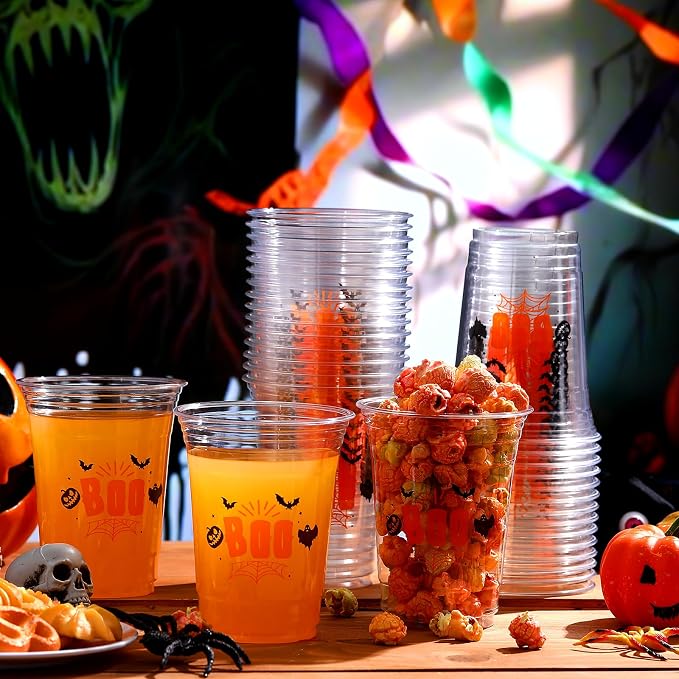 100 Pcs Halloween Plastic Cups Bulk 16 oz Disposable Halloween Boo Party Cups Spooky Clear Plastic Glasses for Trick or Treat Scary Party Supplies Cold Drinks