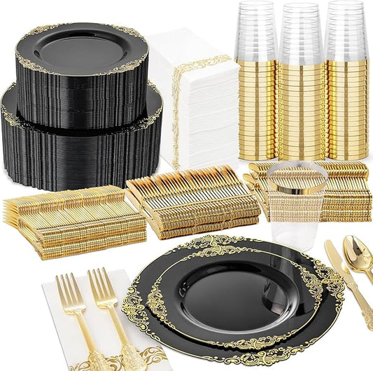 Nervure 350PCS Black Plastic Plates - Black Plastic Dinnerware Sets for 50 Guests - 100 Disposable Plates, 150 Gold Silverware, 50 Cups, 50 Napkins for Wedding & Party & Graduation & Retirement