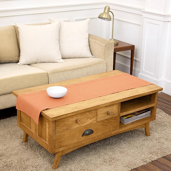 Solino Home Linen Coral Hemstitch Table Runner 60 Inches - 100% Pure Linen Small Table Runner 14 x 60 Inch Ideal for Dresser and Coffee Tables, Mothers Day, Spring, Summer - Classic Hemstitch