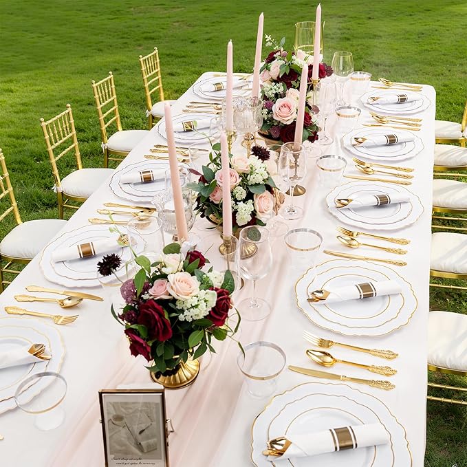 Liacere 700PCS Gold Plastic Plates - Baroque Dinnerware Sets for 100 Guests - 200 Disposable Plates（10inch，7inch）, 300 Gold Plastic Silverware, 100 Cups, 100 Napkins for Wedding & Easter Day