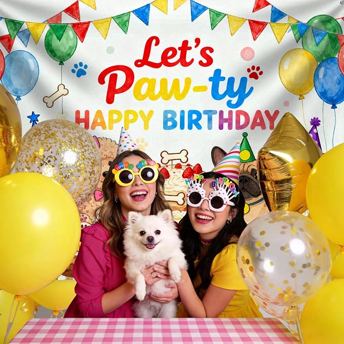 Let's Paw-ty Happy Birthday Themed Backdrops Puppy Dog Birthday Polyester Fabric Party Banner for Puppy Bday Party Photo Booth Birthday Party Decorations 71X44Inch