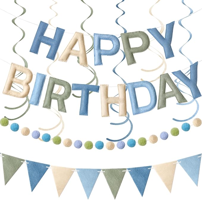 Kriyokiaa Pre-Strung Felt Happy Birthday Banner Dusty Blue Sage Green Happy Birthday Party Decorations with Pom Pom Garland, Flag and Hanging Swrils for Men Boys Party Decor