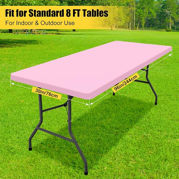 Smiry 3 Pack Rectangle Table Cloth, Elastic Fitted Flannel Backed Vinyl Tablecloths for 8ft Folding Tables, Waterproof Wipeable Table Covers for Indoor, Outdoor, Camping and Picnic (Pink, 30"x96")