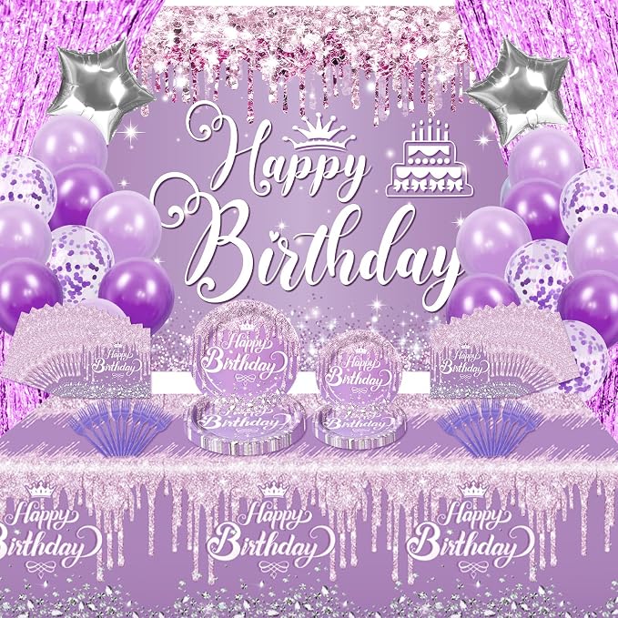 116 Pcs Purple Silver Birthday Decorations for Women Girls, Happy Birthday Banner Foil Balloons Plates Cups Napkins Tablecloth Purple Party Set Fringe Curtains Disposable Tableware Serve 20 Supplies