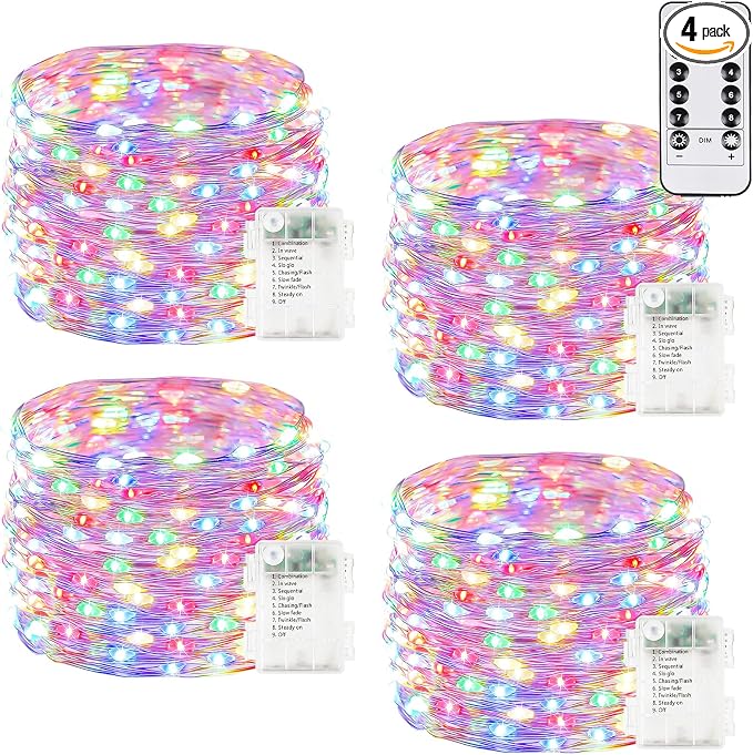 4Pack 80Ft 240LED Fairy Lights Battery Operated with Remote, Waterproof String Lights with Timer for Indoor & Outdoor, Twinkle Lights Battery Powered for Bedroom Christmas Decorations (Multicolor)